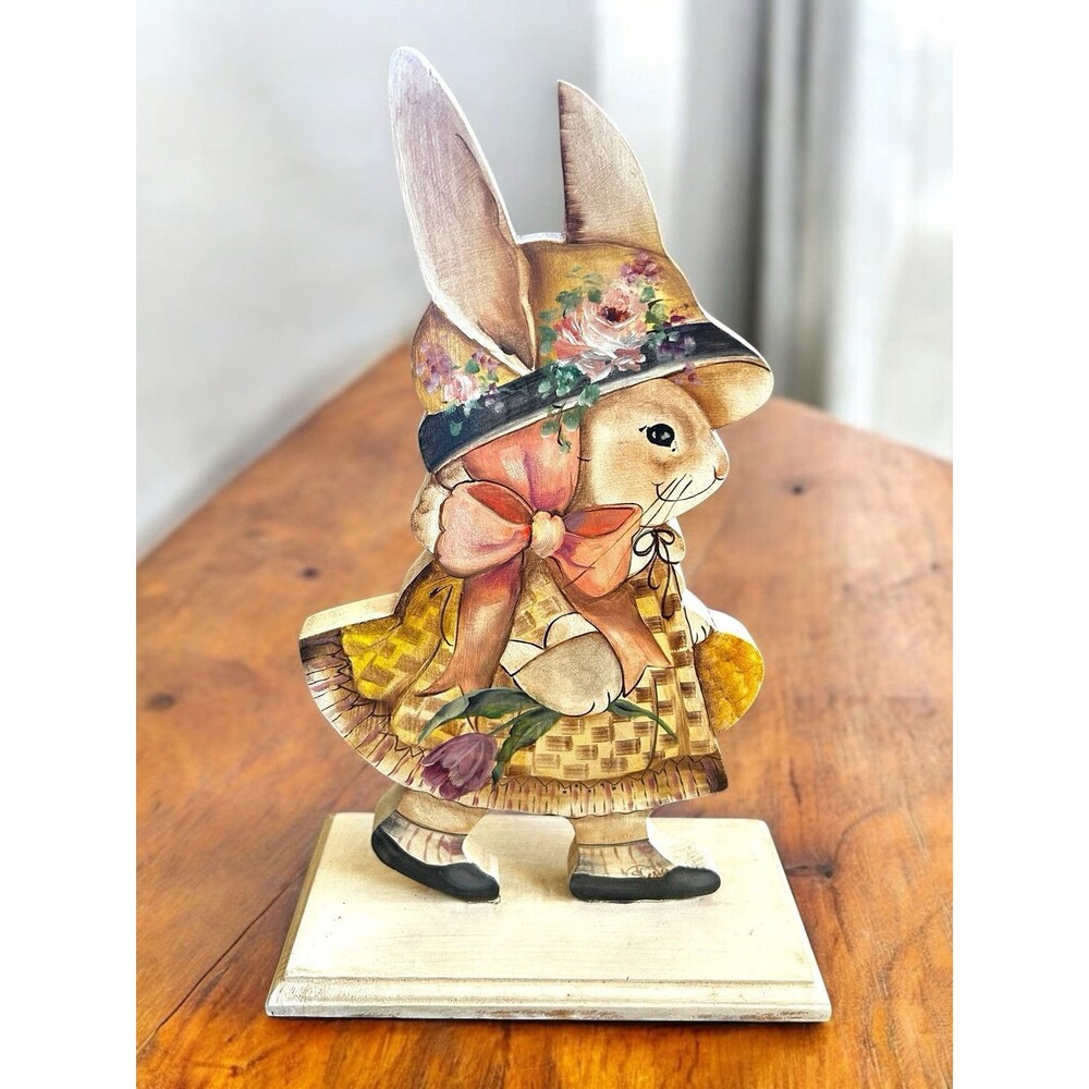 OOAK EASTER BUNNY RABBIT Floral Easter Wooden Hand painted FOLK ART Artist Sign